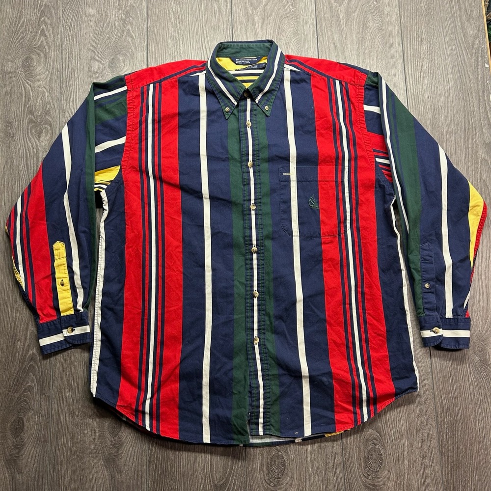 Vintage Nautica 90s Striped Button Down Shirt Mens Large Red Blue Green Yellow